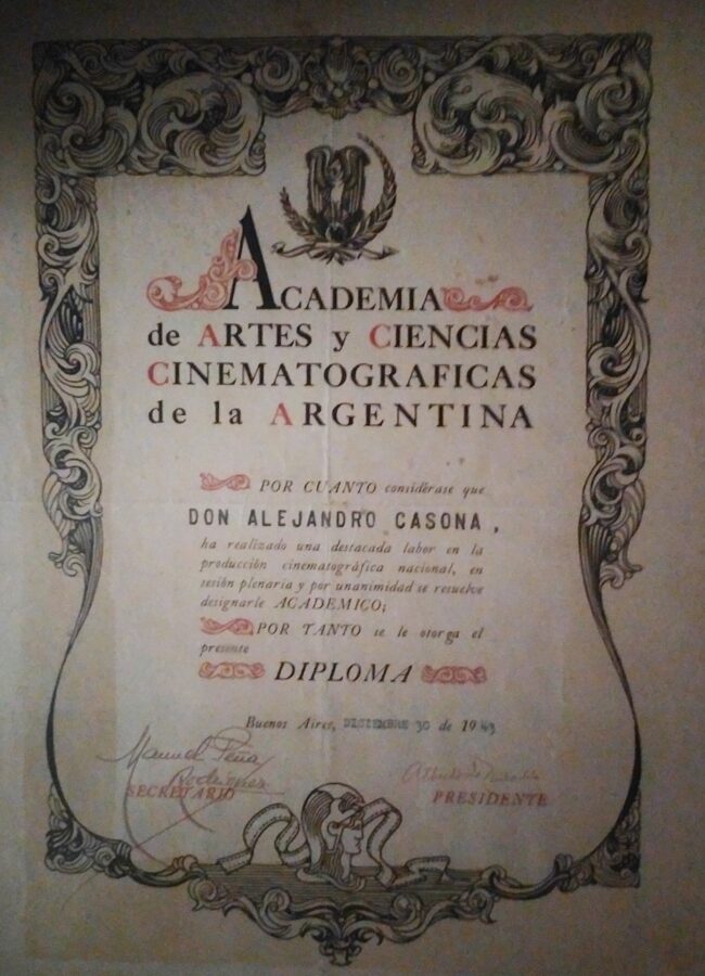 Título de la Academia de las Artes y Ciencias Cinematográficas de Argentina (Colección Luis Miguel Rodríguez)